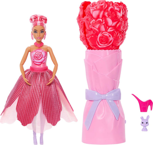 Barbie Petal Pop Boneca Perfumada com Vestido de Rosas e Acessórios, Revelação de Buquê com Coelhinho de Estimação e Surpresas como Regador, Colar e Brincos, JMF59