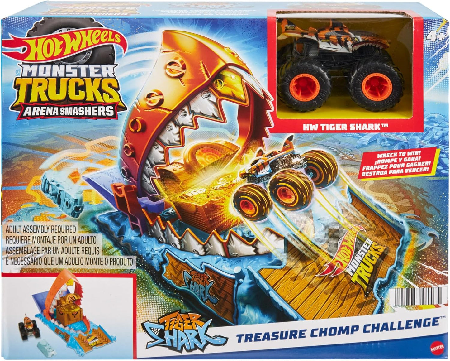 Hot Wheels  Monster Trucks Arena Smashers Treasure Chomp Challenge Playset com escala 1:64 Tiger Shark Toy Monster Truck e 1 carro esmagado,  HTP17