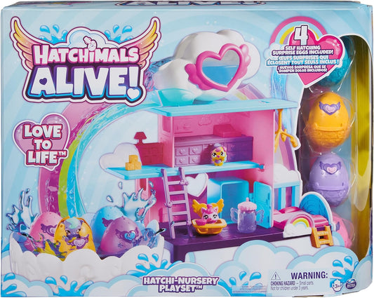 HATCHIMALS Alive, Hatchi-Nursery Playset de juguete con 4 minifiguras en huevos que eclosionan solos, 13 accesorios, juguetes para niñas y niños de 3 años en adelante