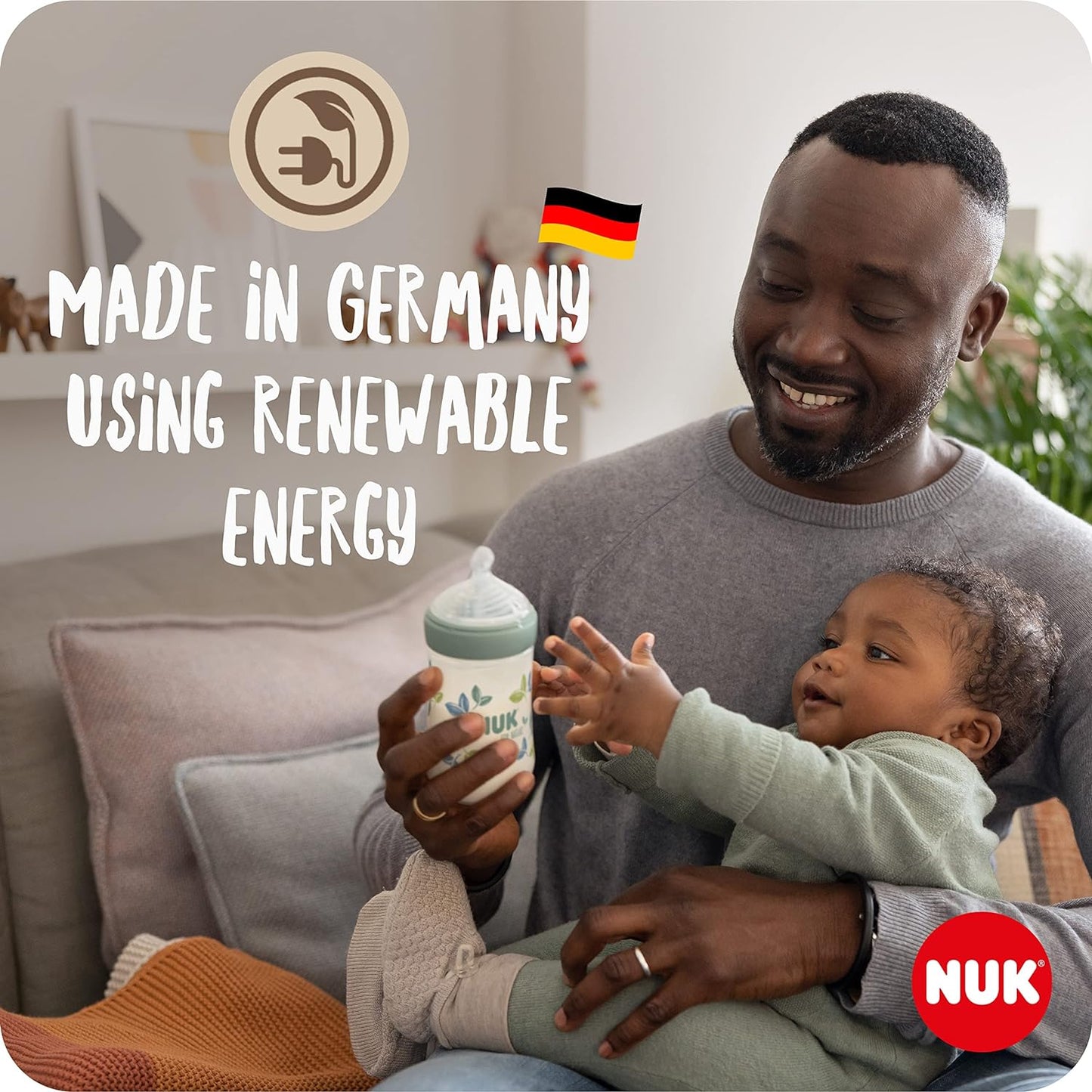 NUK Mamadeira for Nature, tetina média, 260 ml, tetina de silicone sustentável semelhante ao peito com ventilação anti-cólica, controle de temperatura, sem BPA, verde