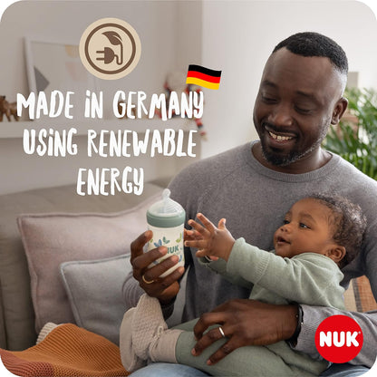 NUK Mamadeira for Nature, tetina média, 260 ml, tetina de silicone sustentável semelhante ao peito com ventilação anti-cólica, controle de temperatura, sem BPA, verde