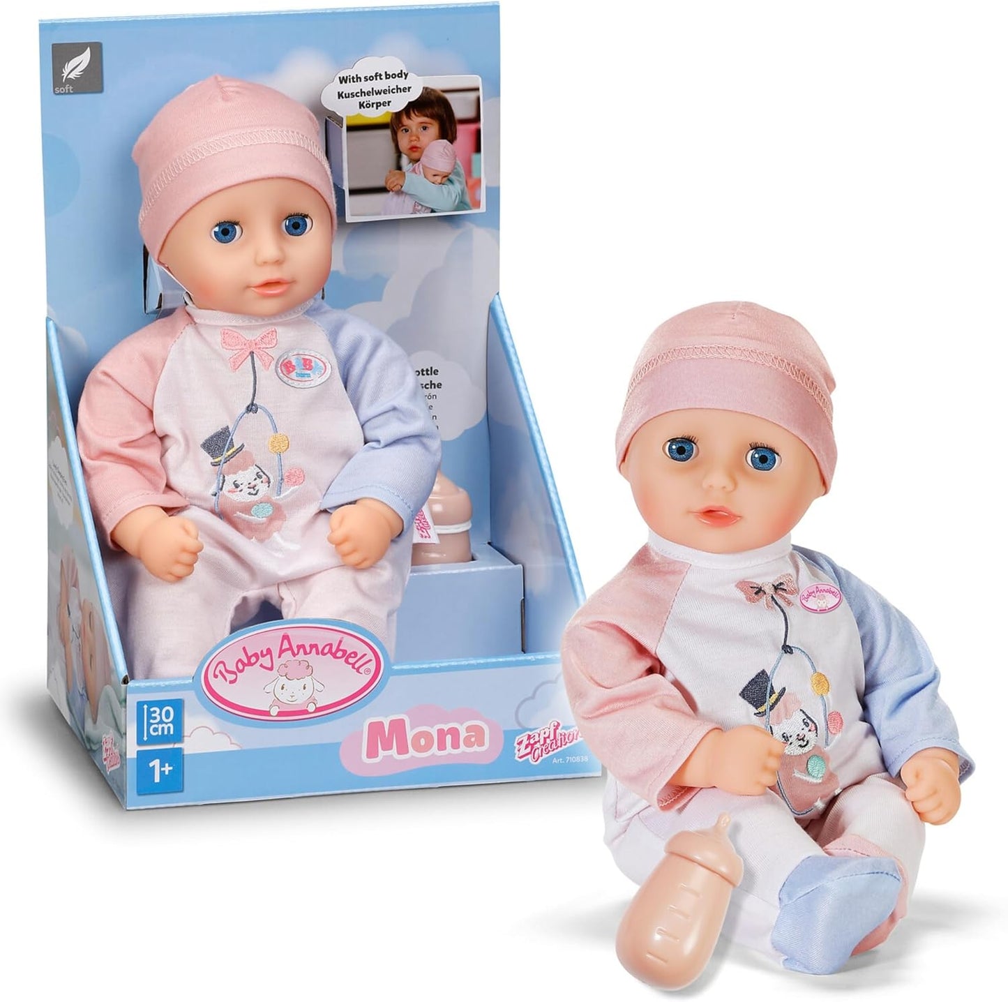 Baby Annabell Boneca Mona de 30 cm, macia e com corpo flexível, que fecha os olhos e acompanha mamadeira, chapéu e macacão. Ideal para crianças a partir de 1 ano de idade.