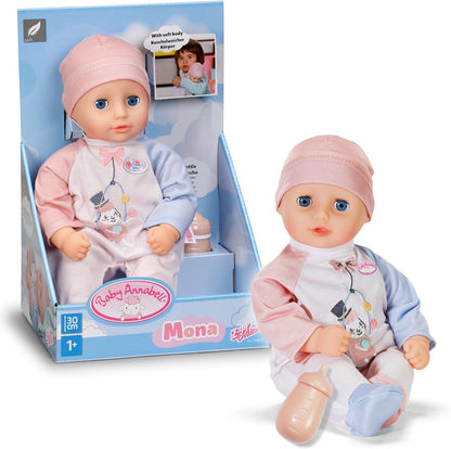 Baby Annabell Boneca Mona de 30 cm, macia e com corpo flexível, que fecha os olhos e acompanha mamadeira, chapéu e macacão. Ideal para crianças a partir de 1 ano de idade.
