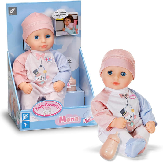 Baby Annabell Boneca Mona de 30 cm, macia e com corpo flexível, que fecha os olhos e acompanha mamadeira, chapéu e macacão. Ideal para crianças a partir de 1 ano de idade.