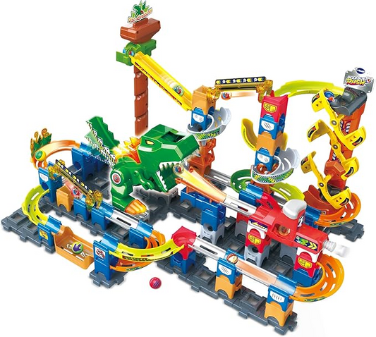 VTech Marble Rush Magentic Dino Adventure, conjunto de construção para crianças, 10 bolinhas de gude e 100 peças de construção, brinquedo de construção, corrida de mármore de dinossauro com efeitos de luz e som para 4, 5, 6 anos + versão em inglês