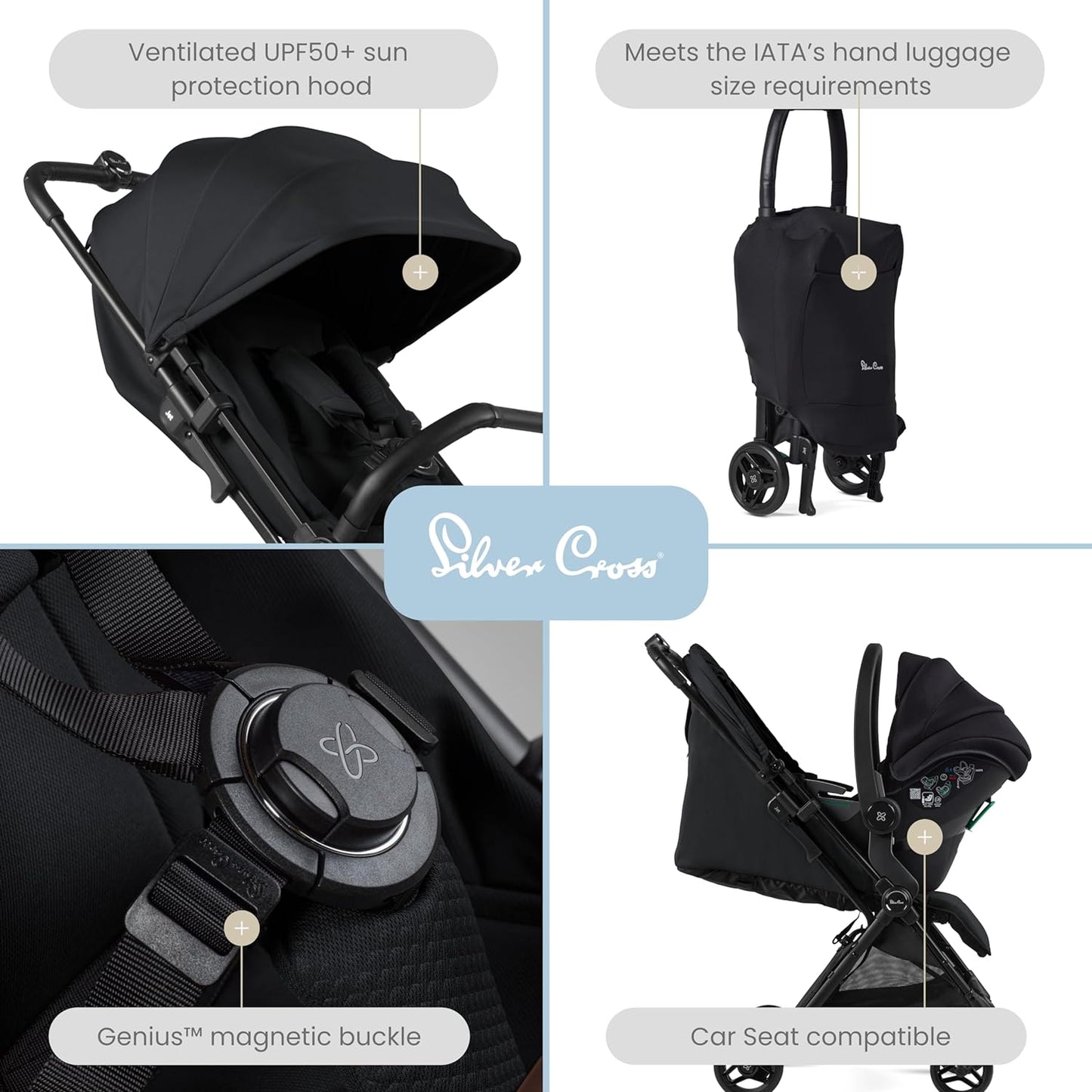 Silver Cross Jet 5 - Carrinho de bebê passeio compacto - Carrinho de viagem Recém-nascido a 4 anos - Preto