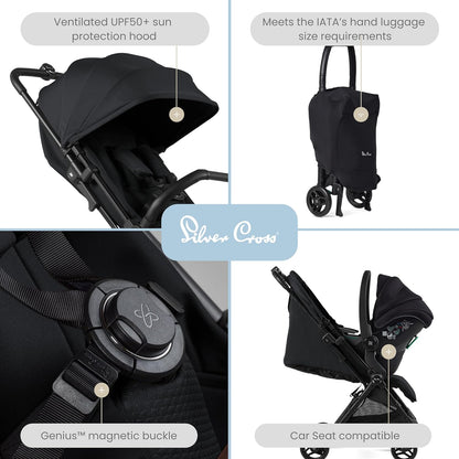 Silver Cross Jet 5 - Carrinho de bebê passeio compacto - Carrinho de viagem Recém-nascido a 4 anos - Preto