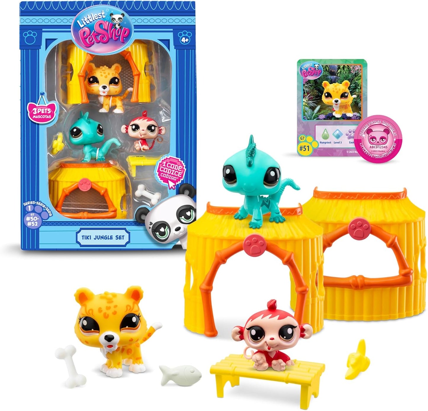 Littlest Pet Shop Tiki Jungle Playpack | O pacote contém 3 mini brinquedos LPS, 3 acessórios, 1 cartão colecionável e 1 código virtual | Brinquedos colecionáveis para meninas e meninos