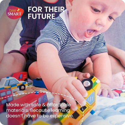Bee Smart Carros de brinquedo de madeira - conjunto de 9 | Inclui veículo policial infantil, ônibus de Londres, táxi preto, ambulância, carro de bombeiros em caixa de madeira | Presentes de aniversário coloridos