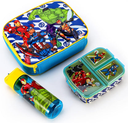 Zawadi Global Conjunto de lancheira infantil Avengers Kids - lancheira isolada, lancheira com vários compartimentos e garrafa de água de 540 ml - conjunto de comida para almoço de viagem escolar, sem BPA