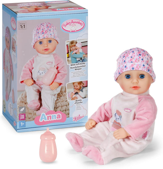 Baby Annabell Boneca Anna de 36 cm, macia, com olhos que fecham - Inclui mamadeira, chapéu e macacão - Primeira boneca, ideal para crianças a partir de 1 ano de idade.
