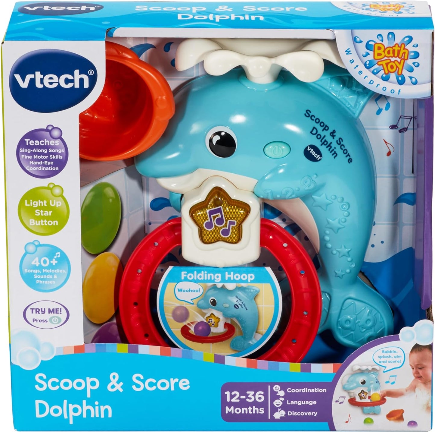 VTech  Scoop & Score Dolphin, brinquedo de banho interativo para crianças de 1 ano, brinquedo de banho com aro e bolas, luzes e música, presente na hora do banho para bebês e crianças pequenas de 1, 2, 3 anos ou mais, versão em inglês