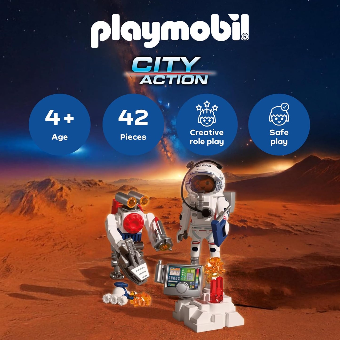 Playmobil | Espaço | ESA: Astronauta com Robô | Com Veículo de Exploração de Marte, Estação de Análise e 3 Amostras de Rocha | Conjunto de Exploração Espacial | Para Crianças a partir de 4 Anos | 72014