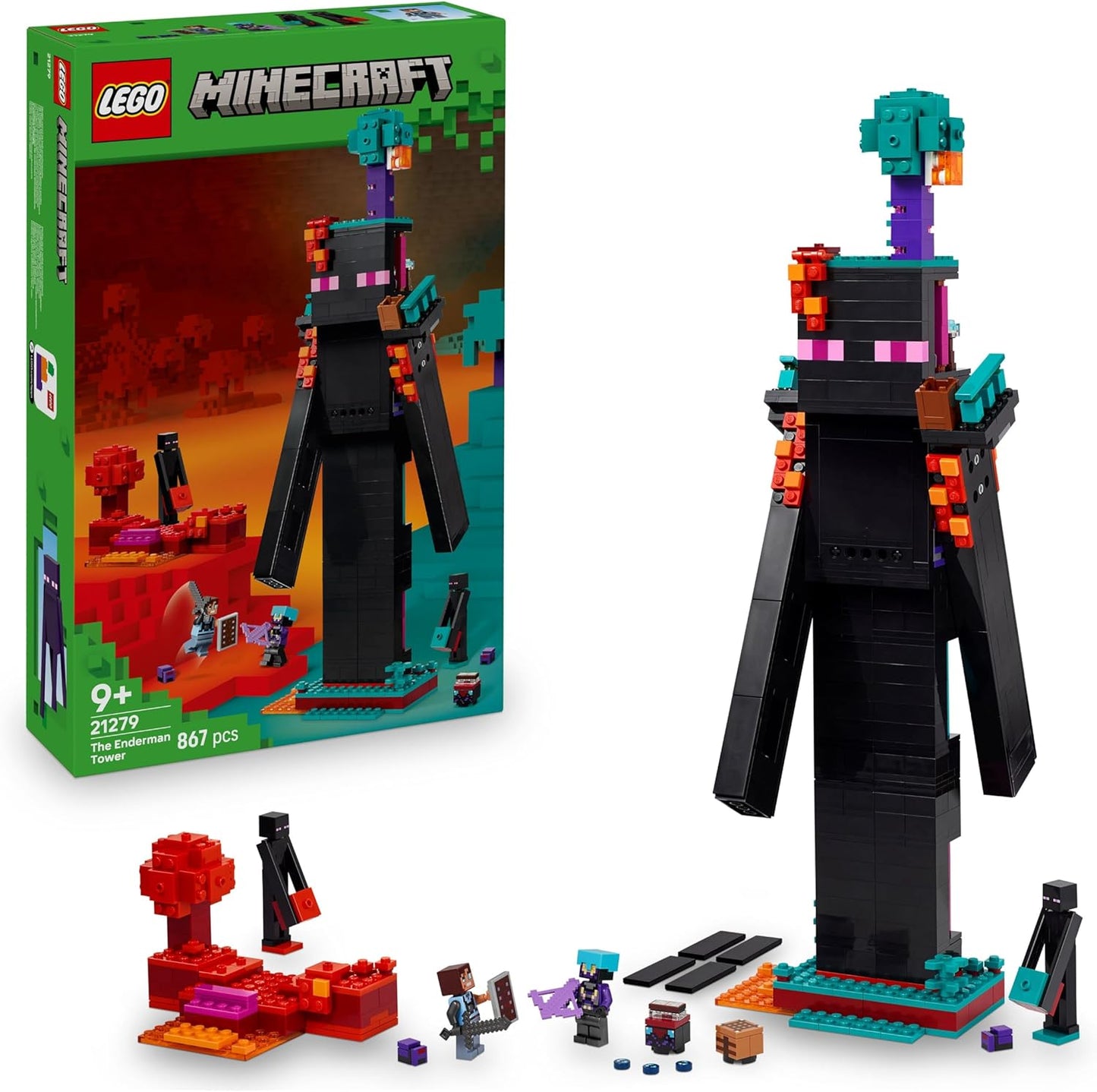LEGO Minecraft 2 em 1 A Torre Enderman - Brinquedo Modular que Pode Ser Reconstituído em 2 Fortalezas, Incluindo Figuras do Enderman, Endermate e Portal do Nether - Presente para Meninos e Meninas Fãs de Jogos - 21279