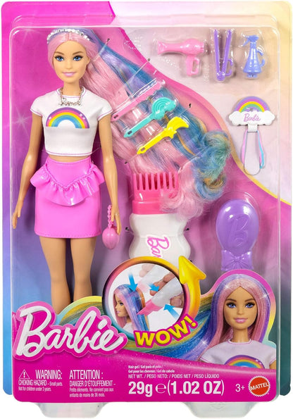Barbie Boneca Cabelo Arco-Íris Brilhante, Cabelo Extralongo e Colorido com 12 Acessórios de Penteado como Tubo de Glitter, Escova, Presilhas, Secador de Cabelo e Mais, JJP07