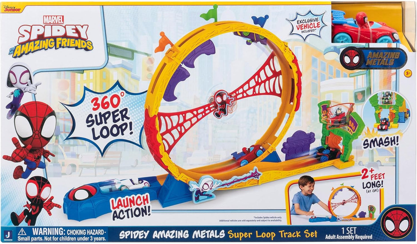MARVEL Spidey e seus amigos incríveis - Conjunto de pistas Super Loop de metais incríveis - Pista de corrida de 28 polegadas com lançador, Super Loop de 360 graus e veículo exclusivo de metais incríveis