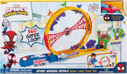 MARVEL Spidey e seus amigos incríveis - Conjunto de pistas Super Loop de metais incríveis - Pista de corrida de 28 polegadas com lançador, Super Loop de 360 graus e veículo exclusivo de metais incríveis