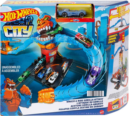 Hot Wheels City Wreck &amp; Ride Gorilla Attack con 1 auto Hot Wheels, se conecta a otros juegos, tema de gasolinera, regalo para niños a partir de 4 años, HDR30