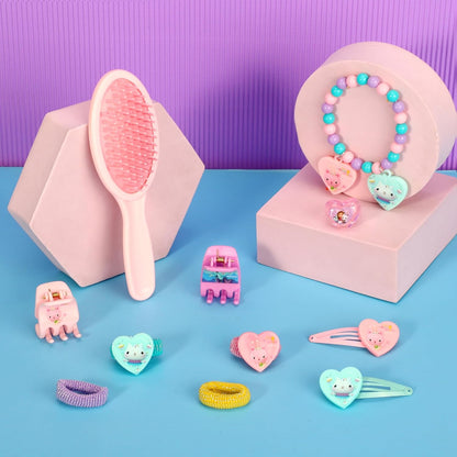 Conjunto de acessórios de cabelo infantil Gabby's Dollhouse com 11 peças, incluindo presilhas, pentes, elásticos e itens de beleza.