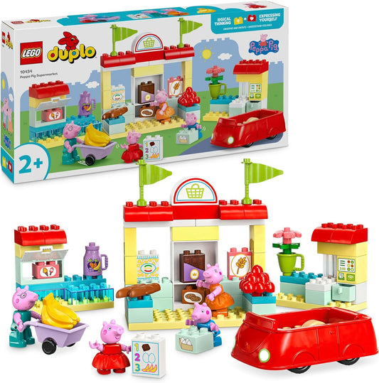 LEGO  Supermercado DUPLO Peppa Pig, loja de brinquedos com carro e 4 figuras incl. Mamãe, papai e George, atividade de desenvolvimento inicial, brinquedos de aprendizagem para crianças de 2 anos ou mais, ideia de presente 10434