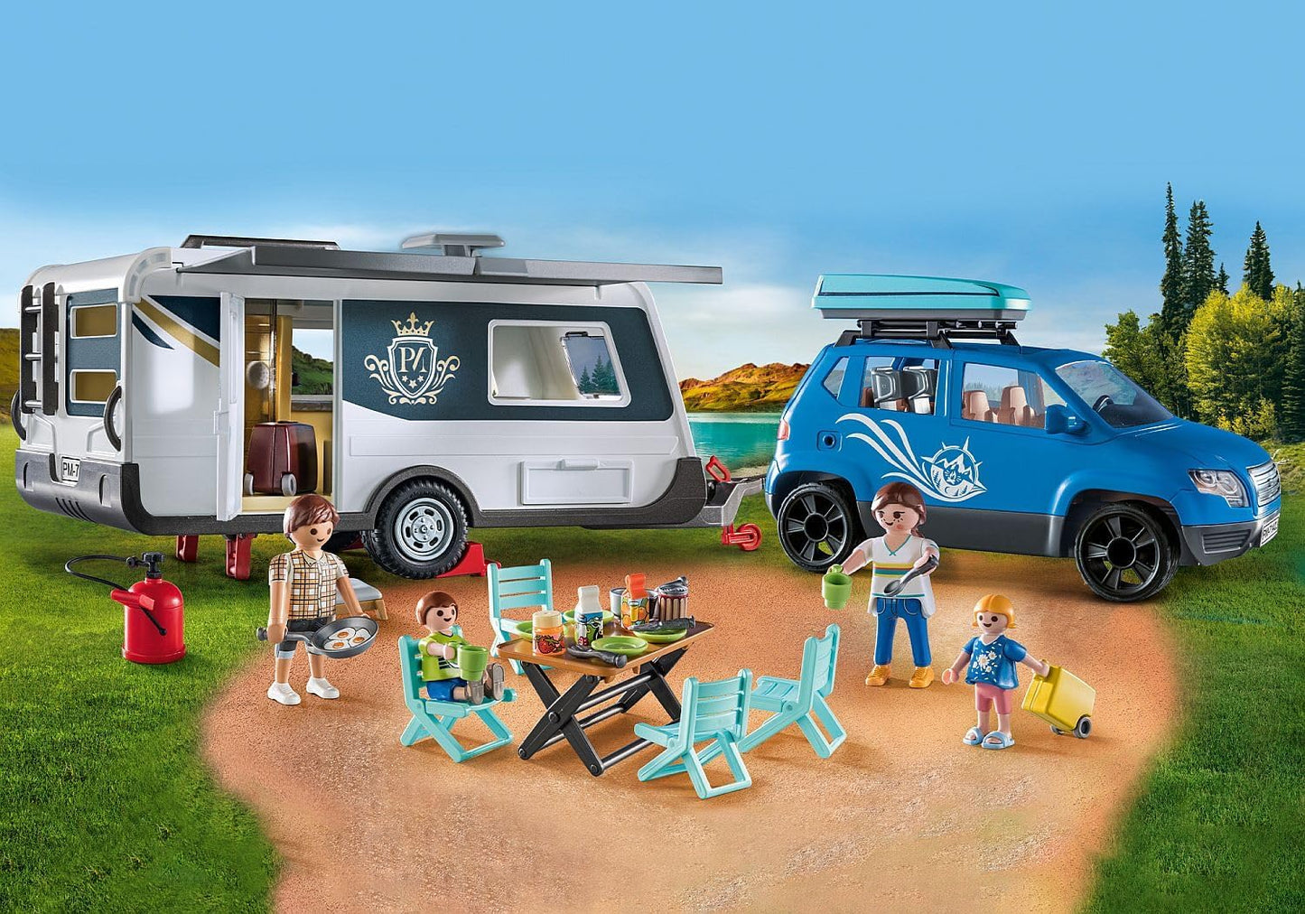 Playmobil 71423 Caravana divertida para a família com carro, brinquedo ao ar livre e dramatização imaginativa, conjuntos adequados para crianças de 4 anos ou mais