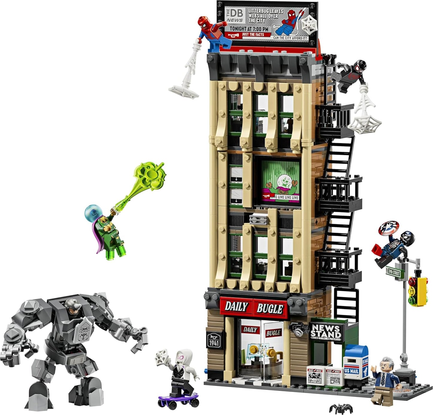 LEGO | Marvel Homem-Aranha vs. Mysterio: Prédio do Clarim Diário - Brinquedo de Super-Herói com Figura de Ação Mecânica e 7 Minifiguras - Presente de Aniversário para Meninos a partir de 10 Anos e Fãs do Filme - 76342