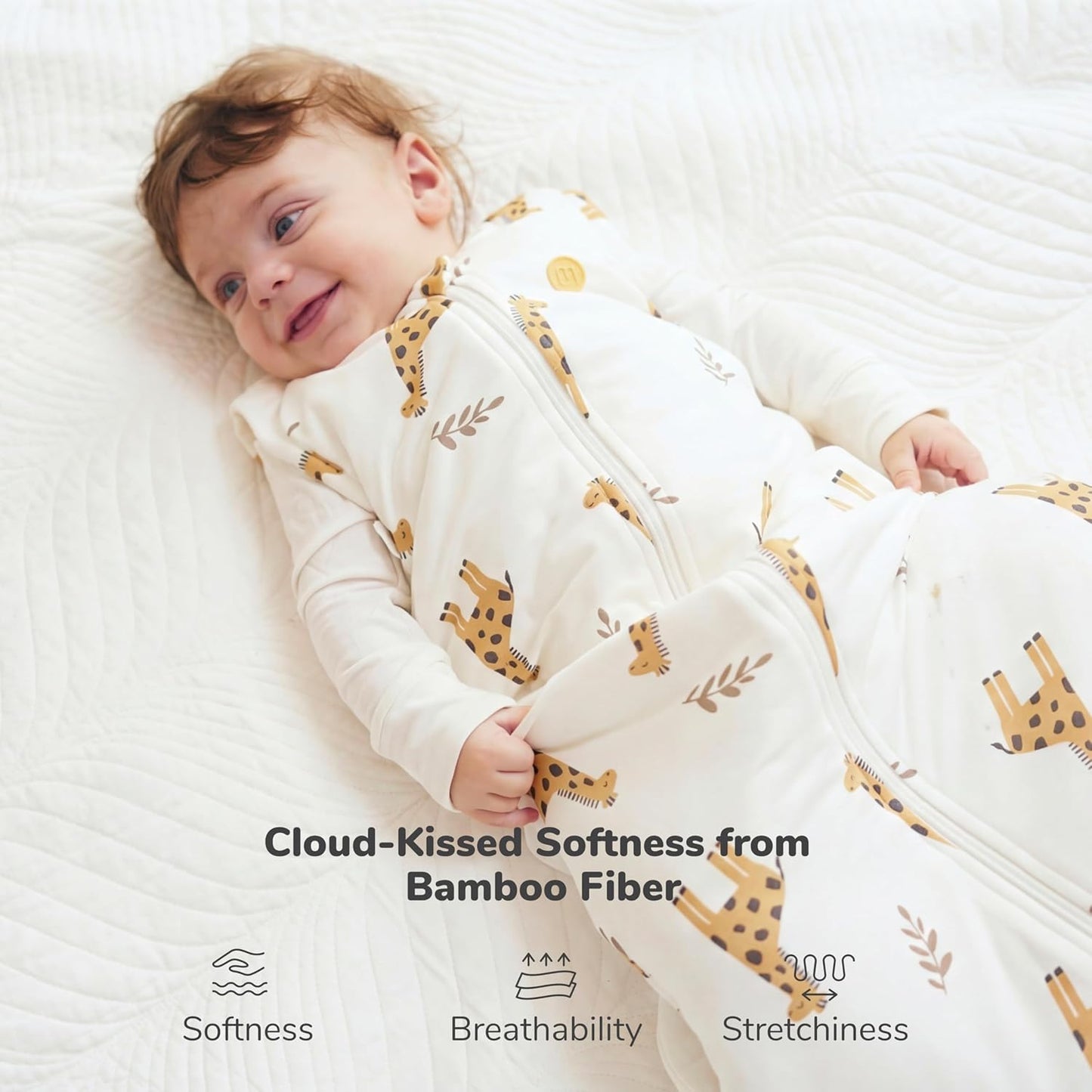 momcozy Saco de dormir para bebê, 0-6 meses, 1.5 TOG, com ajuste por botões de pressão, zíper duplo, tecido macio de bambu, estampa de girafa, tamanho P