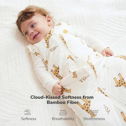 momcozy Saco de dormir para bebê, 0-6 meses, 1.5 TOG, com ajuste por botões de pressão, zíper duplo, tecido macio de bambu, estampa de girafa, tamanho P