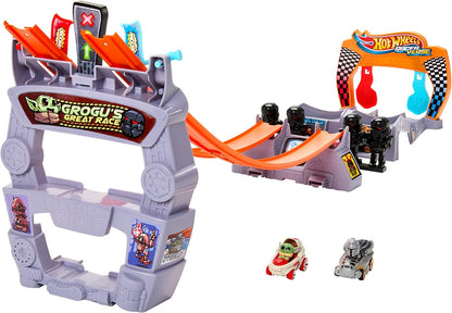 Hot Wheels RacerVerse, Conjunto de Pista de Corrida Grogu's Great Race, Conjunto de Pista Star Wars com Carrinhos Hot Wheels de Metal Fundido Inspirados em Star Wars: Grogu e The Mandalorian, HPL32
