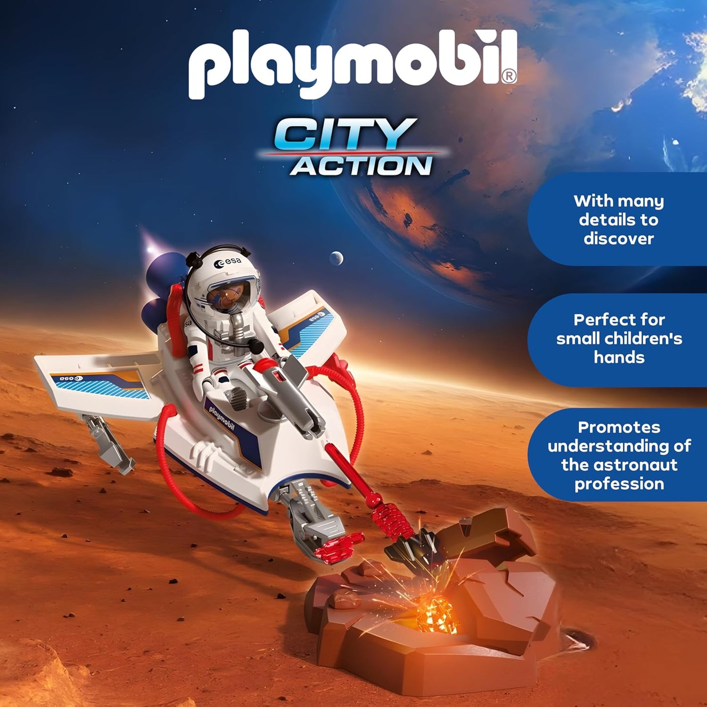 Playmobil Space ESA Planador Espacial e Astronauta – Veículo voador com função de disparo e braço de garra, exploração espacial no quarto das crianças, conjunto de brinquedo, diversão para crianças a partir de 4 anos, 72013