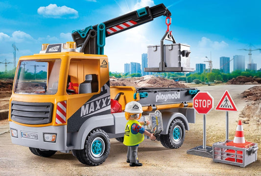 Playmobil 71750 | Heróis de Ação | Caminhão de Construção com Guindaste | Brinquedo de Construção para Crianças | Conjunto de Construção | Brinquedos para Crianças a partir de 4 anos | 71750