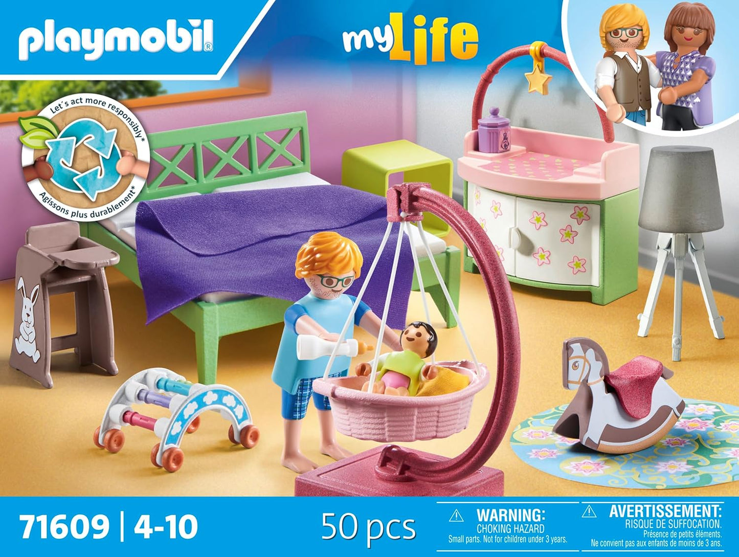 Playmobil 71609 myLife: Quarto de dormir com cantinho para brincar para bebês e duas figuras, feito com mais de 80% de materiais reciclados e de base biológica, conjuntos de jogos detalhados adequados para crianças a partir de 4 anos