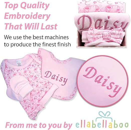 ellabellaboo Presentes personalizados para bebês da – A pequena caixa de presente contém 1 babador personalizado. Outras roupas essenciais para bebês incluem um body, um chapéu e luvas anti-arranhões.