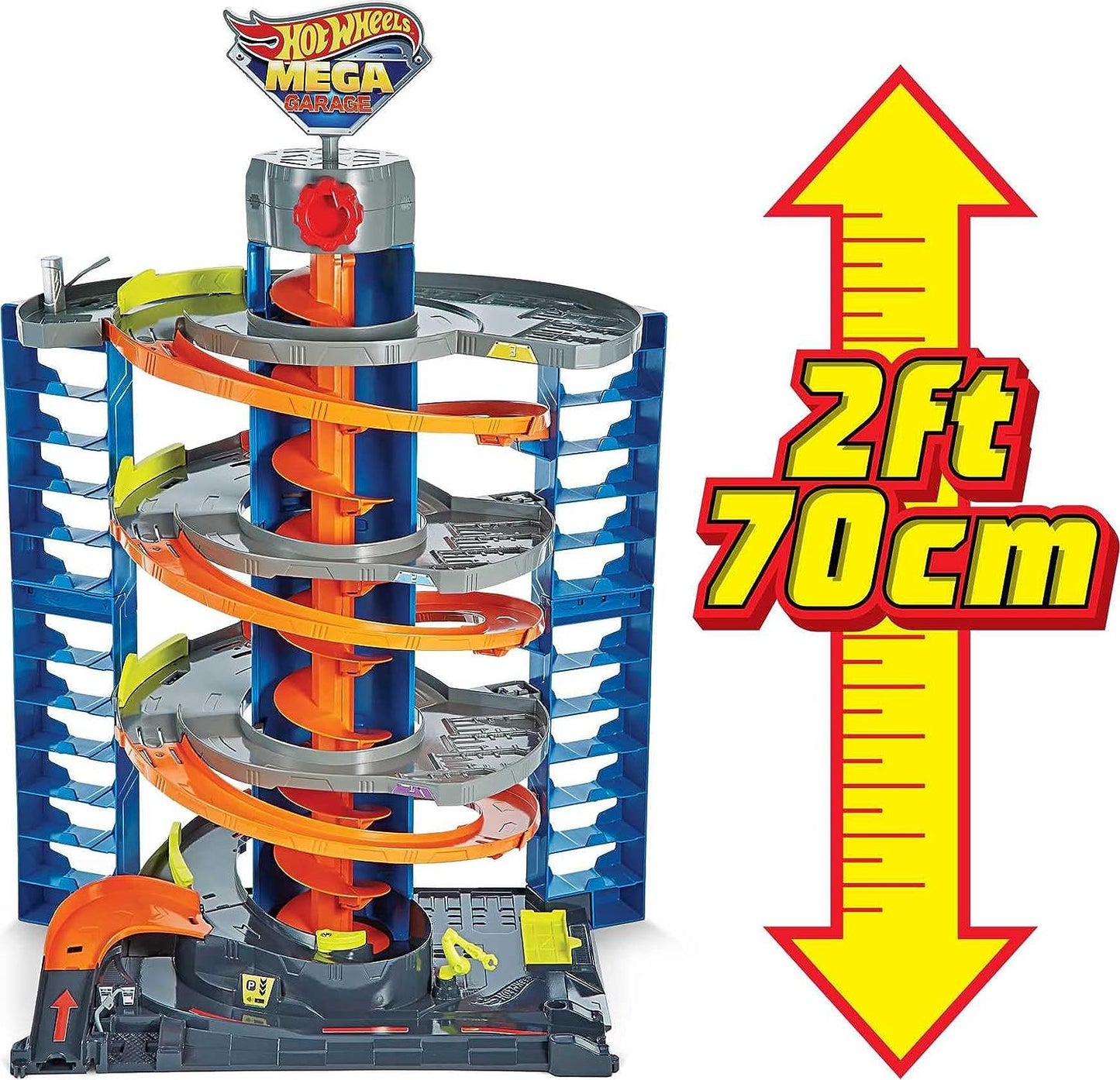 Hot Wheels City Mega Garage Playset com elevador saca-rolhas e armazenamento para mais de 60 carros, inclui 1 veículo Hot Wheels escala 1:64, presente para crianças de 4 anos ou mais, HFH03