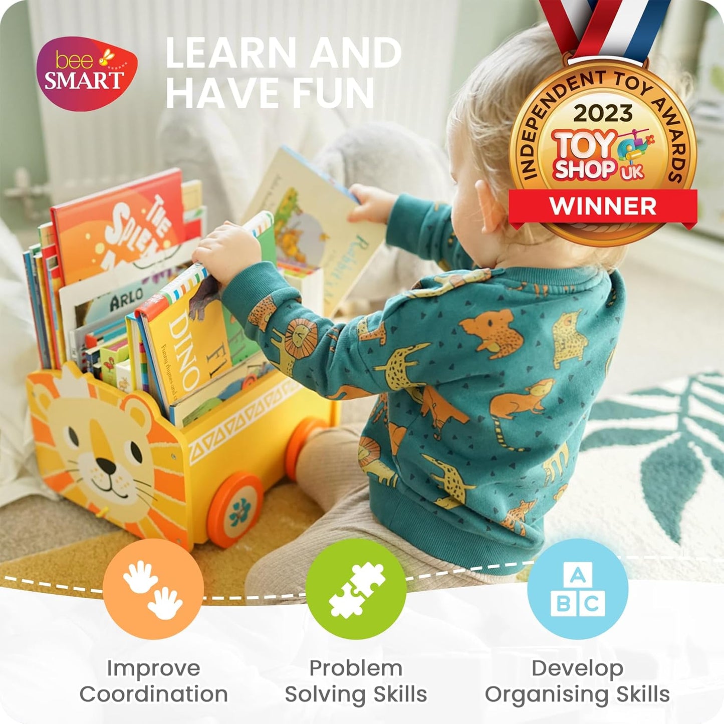 Bee Smart Caixa de brinquedos de madeira - Animal Leão | Carrinho pull along 2 em 1 e caixa de armazenamento sobre rodas para berçário ou quarto infantil | Troncos de bebê para brinquedos infantis