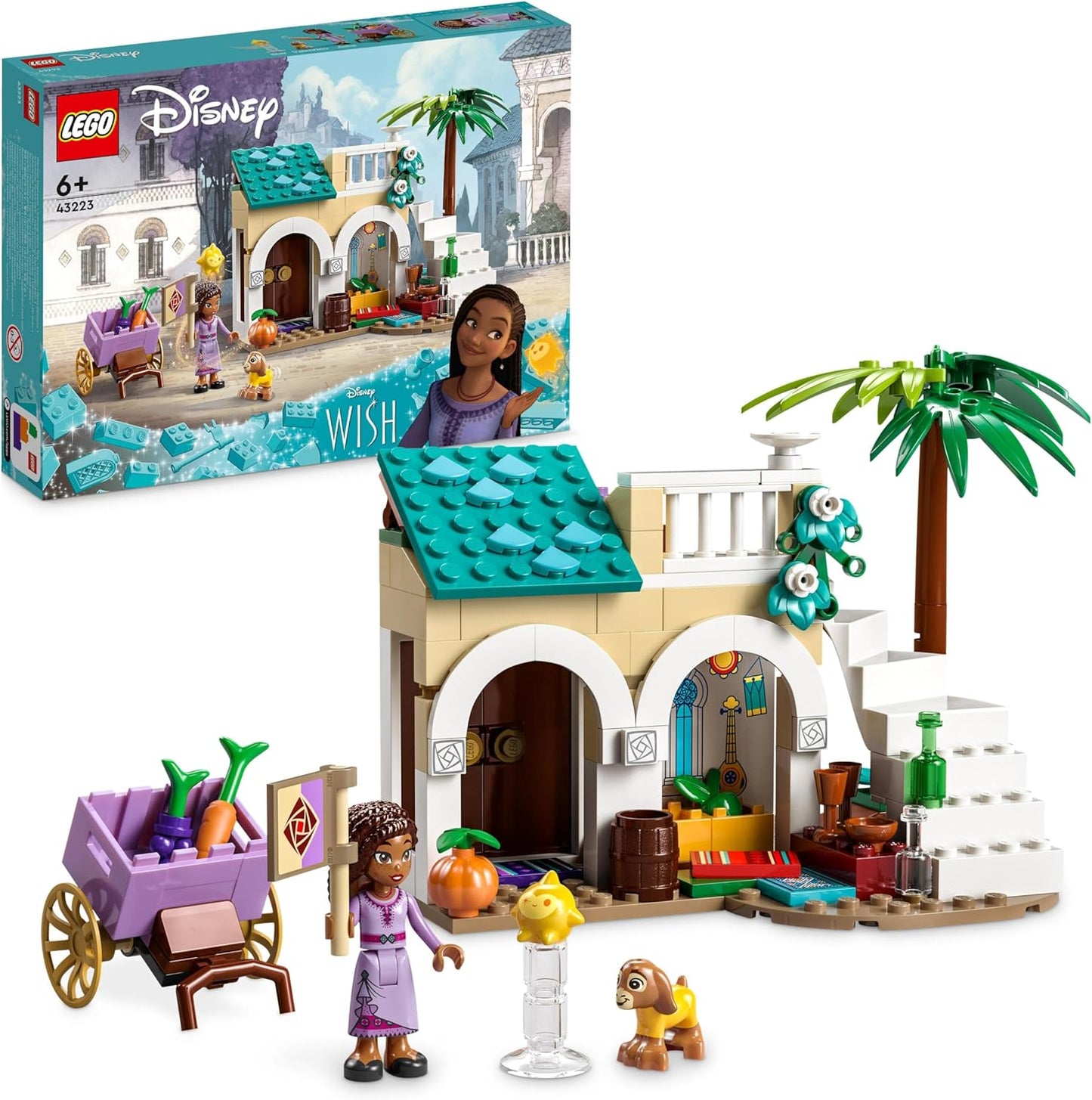 LEGO 43223 Disney Wish Asha en la Ciudad de las Rosas, Set de Película Wish con Minimuñeca Asha, Juguete de Cabra Valentino y Muñecas Estrella, Regalo para Niños, Niñas y Niños a partir de 6 años