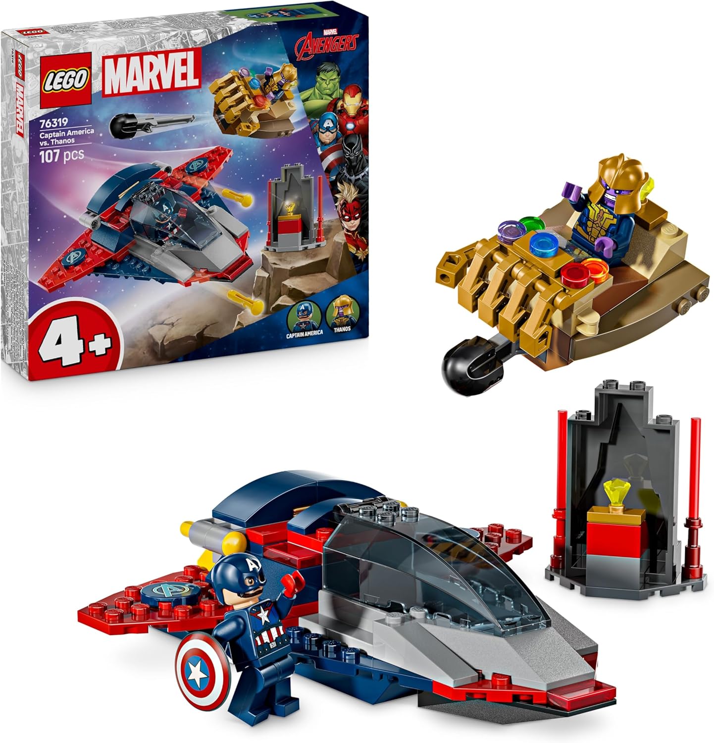 LEGO ǀ Marvel Capitão América vs. Thanos - Brinquedo de Construção dos Vingadores com Jato e 2 Minifiguras com Acessórios, incluindo o Escudo do Capitão América - Presente de Super-Herói para Meninos a partir de 4 Anos - 76319