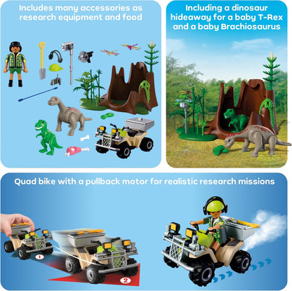 Playmobil Dinos – Esconderijo dos Dinossauros, Explorador com Quadriciclo, Filhote de T-Rex e Filhote de Braquiossauro, Brinquedo para crianças a partir de 4 anos, 72069