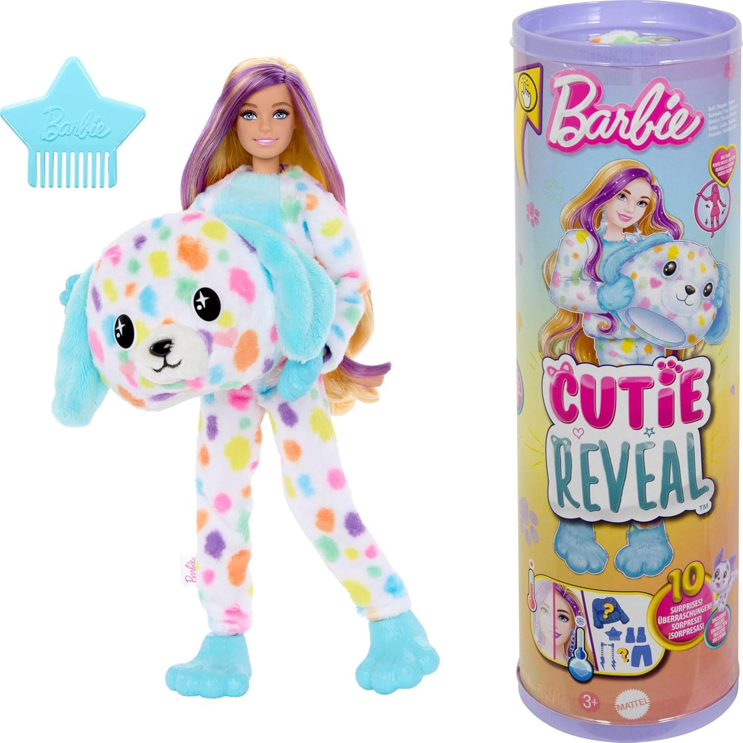 Muñeca Barbie Cutie Reveal y accesorios con disfraz de felpa de dálmata arcoíris y 10 sorpresas que incluyen cambio de color, serie Color Dream, HRK41