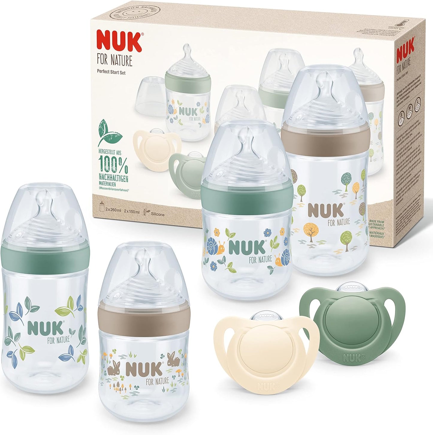 NUK Conjunto de mamadeiras e chupetas para Nature Perfect Start, 0 a 6 meses, matérias-primas 100% naturais, 4 mamadeiras (150 ml e 260 ml), 2 chupetas de silicone, sem BPA, 6 contagens