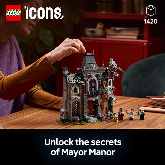 LEGO Icons Mayor Manor 11383 | Conjunto para adultos, kit de montagem de casa gótica em 3D, 3 minifiguras que brilham no escuro, decoração para sala de estar, ideia de presente, 1420 peças