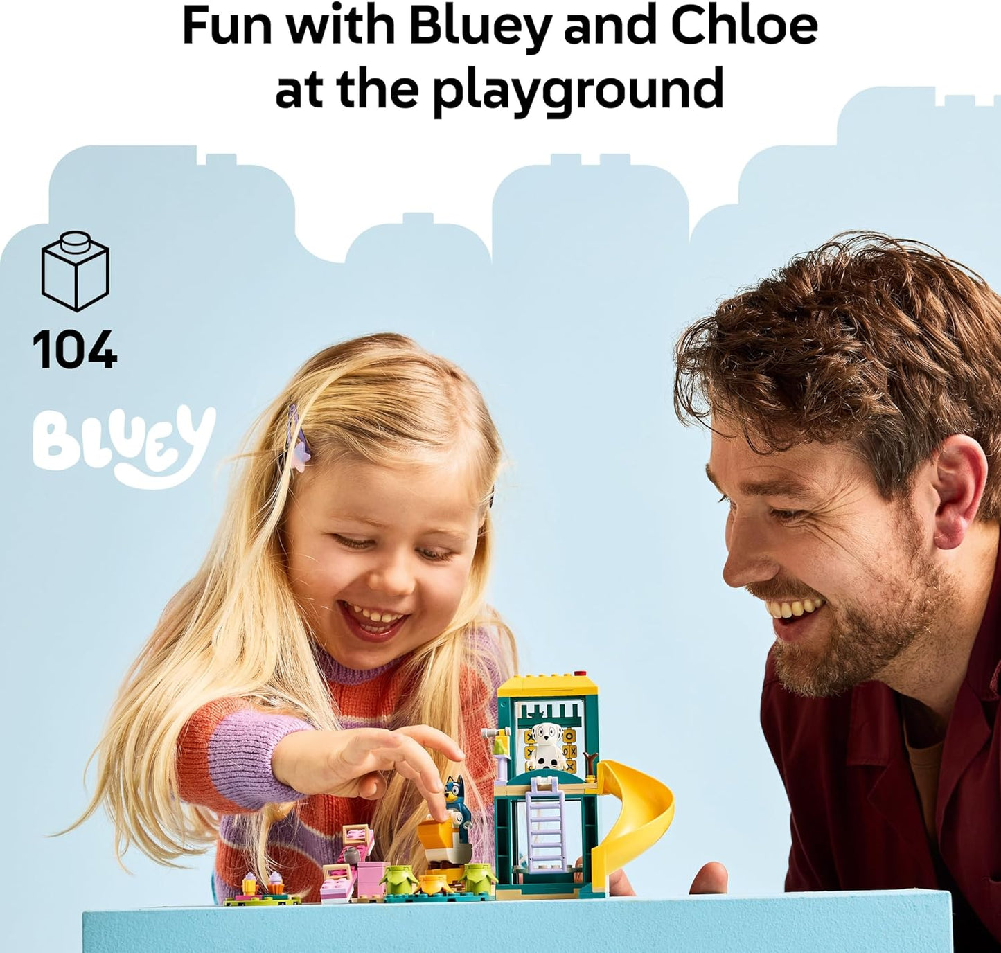 LEGO Diversão no playground Bluey com Bluey e Chloe - Brinquedo para meninas e meninos a partir de 4 anos - inclui 2 minifiguras, um balanço rosa funcional, escorregador, estrutura de escalada e 3 plantas - Presente.