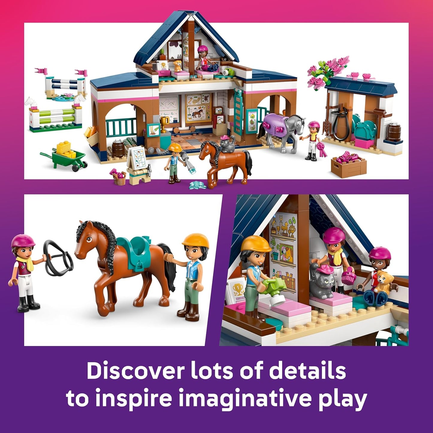 LEGO Friends Estábulo e Academia de Equitação - Conjunto de Brinquedo Educativo com 3 Mini Bonecas, 2 Figuras de Cavalos, um Cachorrinho e Acessórios de Higiene - Presente de Aniversário para Meninas a partir de 7 Anos - 42688