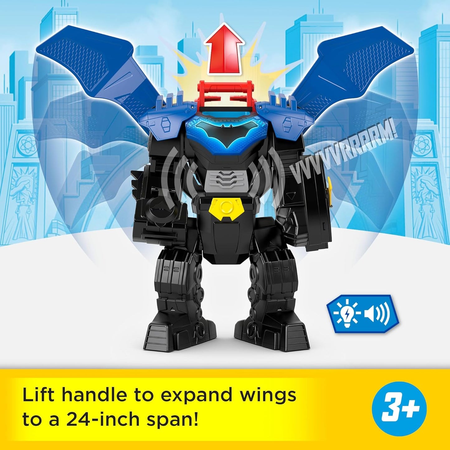 Fisher-Price Imaginext DC Super Friends Batman Robô de Voo com Luzes, Sons, Movimento e Figura de Ação de 7,6 cm (3 polegadas), Brinquedo de 37 cm (14,5 polegadas) Inclui Lançador e Discos, JDL03