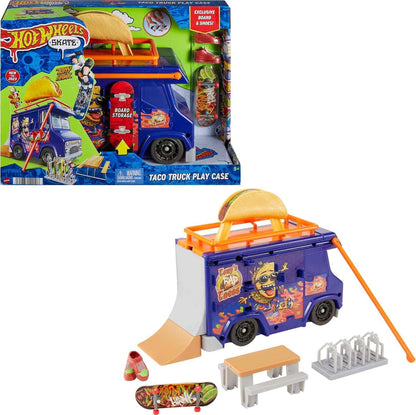 Hot Wheels Estojo Skate Taco Truck - Com corrimão retrátil para manobras radicais de skate, inclui fingerboard exclusivo e sapatos de skate removíveis, para crianças a partir de 5 anos, HMK00
