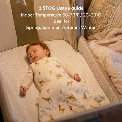 momcozy Saco de dormir para bebê, 0-6 meses, 1.5 TOG, com ajuste por botões de pressão, zíper duplo, tecido macio de bambu, estampa de girafa, tamanho P
