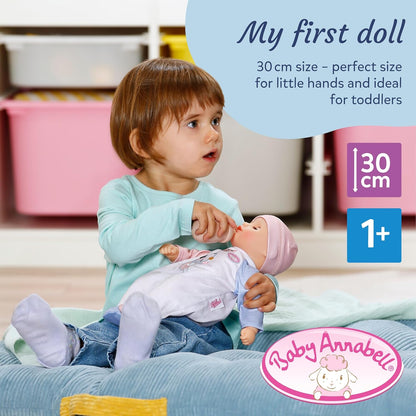 Baby Annabell Boneca Mona de 30 cm, macia e com corpo flexível, que fecha os olhos e acompanha mamadeira, chapéu e macacão. Ideal para crianças a partir de 1 ano de idade.
