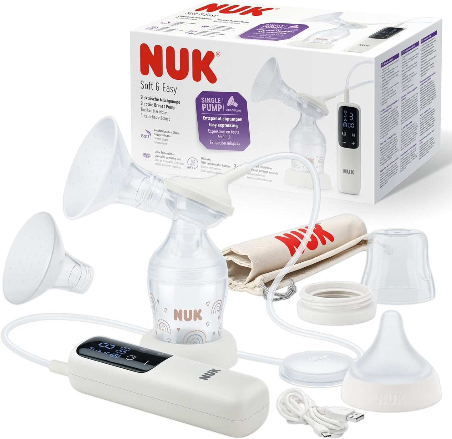 NUK  Bomba tira leite elétrica macia e fácil | Copos macios 100 por cento de silicone | Pequeno, leve, silencioso | Bateria recarregável para viagens | Copos de 24 mm e 27 mm | 1 x mamadeira de combinação ideal