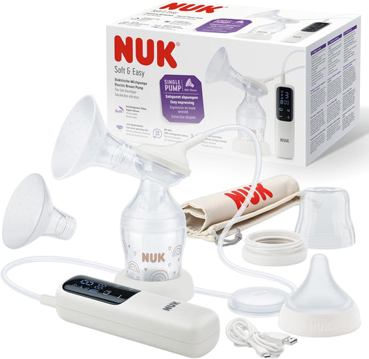 NUK  Bomba tira leite elétrica macia e fácil | Copos macios 100 por cento de silicone | Pequeno, leve, silencioso | Bateria recarregável para viagens | Copos de 24 mm e 27 mm | 1 x mamadeira de combinação ideal