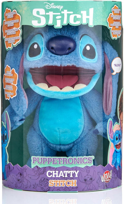 WOW! STUFF Disney Chatty Stitch Deluxe, Puppetronic Stitch, Marionete Animatrônica, Mais de 50 combinações de ação e som, 30 cm/12 polegadas de altura, Idades de 6 a adulto, Azul